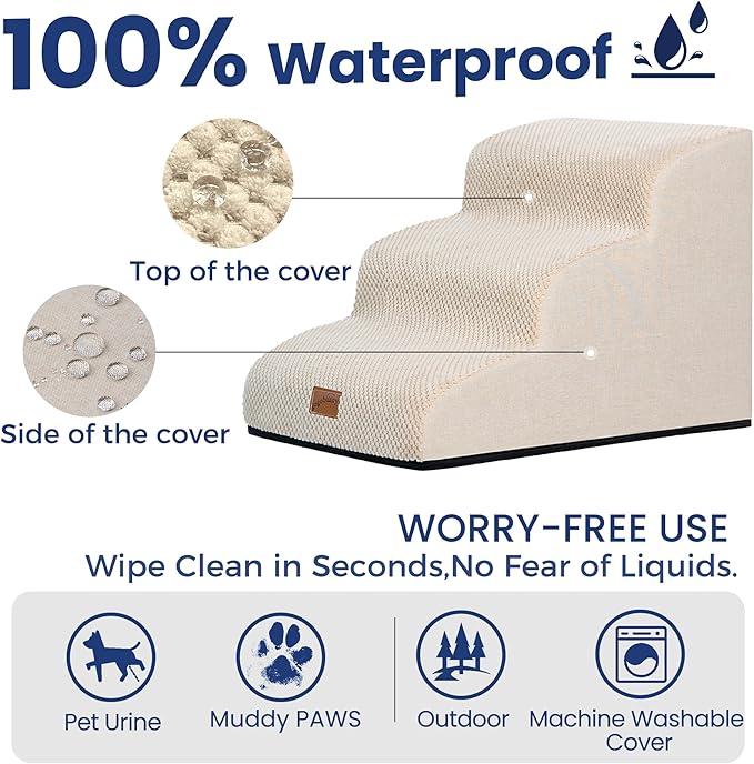 GoGoBunny Ramp Dog Stairs for Couch Sofa and Chair 15.7" H, 3-Step Pet Steps for Small Dogs and Cats, Non-Slip Waterproof Fabric Cover, Stable and Balanced Indoor Step, Pets Friendly, Beige-PurrikoPets