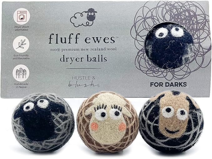 Fluff Ewes Wool Dryer Balls 3 Pack Premium New Zealand Wool Laundry Balls for Dryer, No Static Dryer Balls Laundry Reusable Cute - XL Wool Dryer Balls Cute, Baby Dryer Balls for Dryers - Darks-PurrikoPets