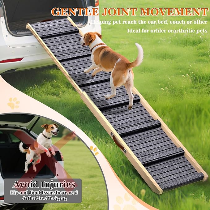 Dog Ramp for Car, 71''x 17'' Extra Long Deluxe Telescoping Design Wooden Pet Ramp, Pet Stair Ramps for Truck SUV with Non-Slip Surface, Portable Outdoor Dog Steps for Medium Large Dogs, Up to 250LBS-PurrikoPets