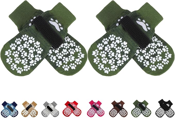 EXPAWLORER Anti Slip Dog Socks to Prevent Licking Paws, Shoes for Hot Pavement, Dog Booties for Small Medium Large Senior Dogs, Traction Control Boots & Paw Protectors for Hardwood Floors ArmyGreen-PurrikoPets