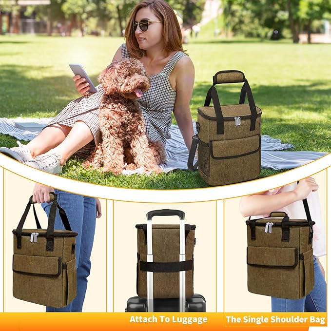 Dog Travel Bag for Camping - Pet Travel Accessories with 2 Collapsible Bowls, 2 Food Containers & Waterproof Feeding Mat - Portable Dog Carrier, Coffee (Small)-PurrikoPets