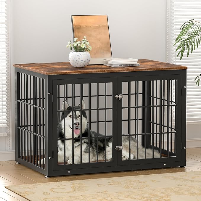 48 Inch Rustic Heavy Duty Dog Crate Furniture for Extra Large Dogs, Decorative Pet House End Table, Wooden Cage Kennel Furniture Indoor, Black and Brown-PurrikoPets