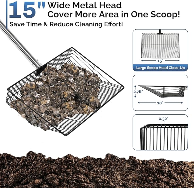 15" Extra-Wide Chicken Poop Scooper – Ergonomic Adjustable Handle (24-70in), Stainless Steel Sifting Shovel Deep Litter Cleaning for Chicken Coops, Goat - Chicken Coop Scoop for Sand, Straw, Hemp-PurrikoPets