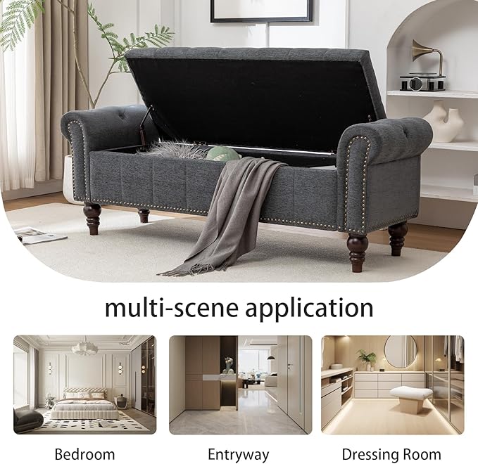 58’’ Storage Bench for Bedroom, Upholstered Button-Tufted Ottoman with Solid Wood Legs, Large End of Bed Shoe Cabinet, Window Seat Foot Rest Stool for Entryway, Closet, and Living Room (Dimgray)-PurrikoPets
