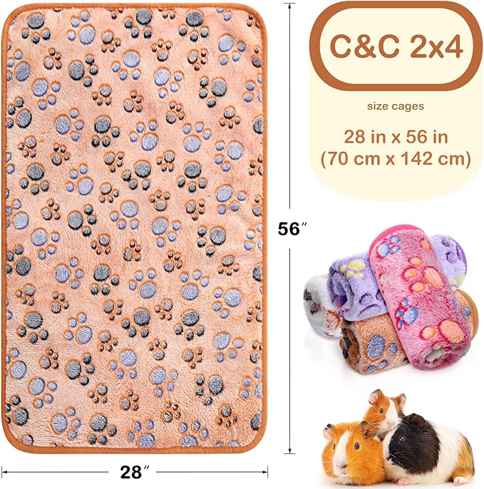 4 Pcs Waterproof Guinea Pig Blankets Washable Small Animal Fleece Bedding Absorbent Guinea Pig Cage Liners Reusable Pet Pee Pad Sleep Mat Pad Cover for Hamster Ferret (Paw Print, 28 x 56 Inch)-PurrikoPets