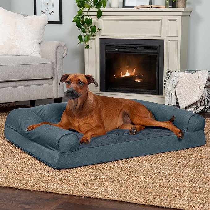 Furhaven Orthopedic Dog Bed for Large Dogs w/ Removable Bolsters & Washable Cover, For Dogs Up to 95 lbs - Sherpa & Chenille Sofa - Orion Blue, Jumbo/XL-PurrikoPets