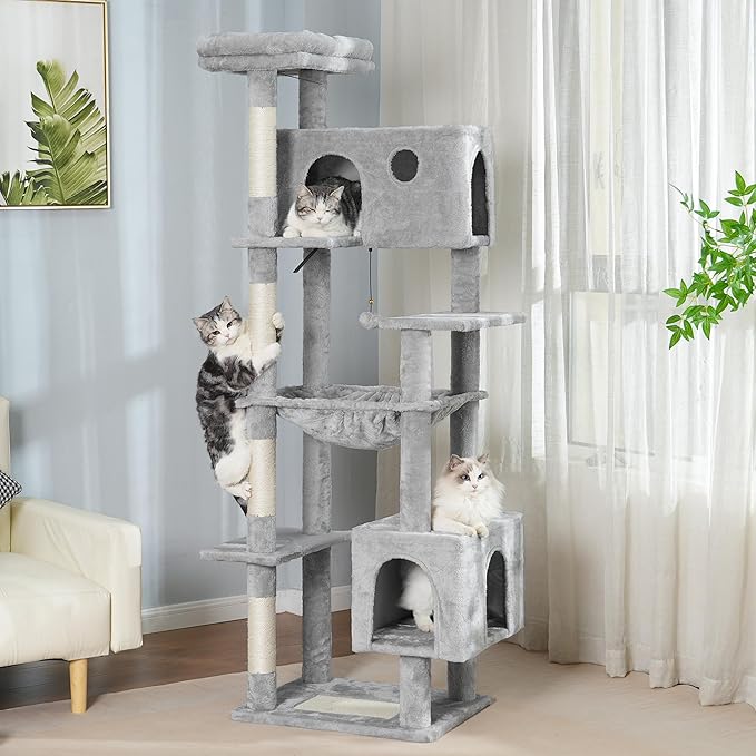 72” Cat Tree for Large Cats Big Cat Tower with Enlarged Hammock 21.6x17.7” Spacious Cats Condo House and Roomy Top Bed and Multiple Scratch Posts for Indoor Adult Cats (Grey, XLarge-72)-PurrikoPets
