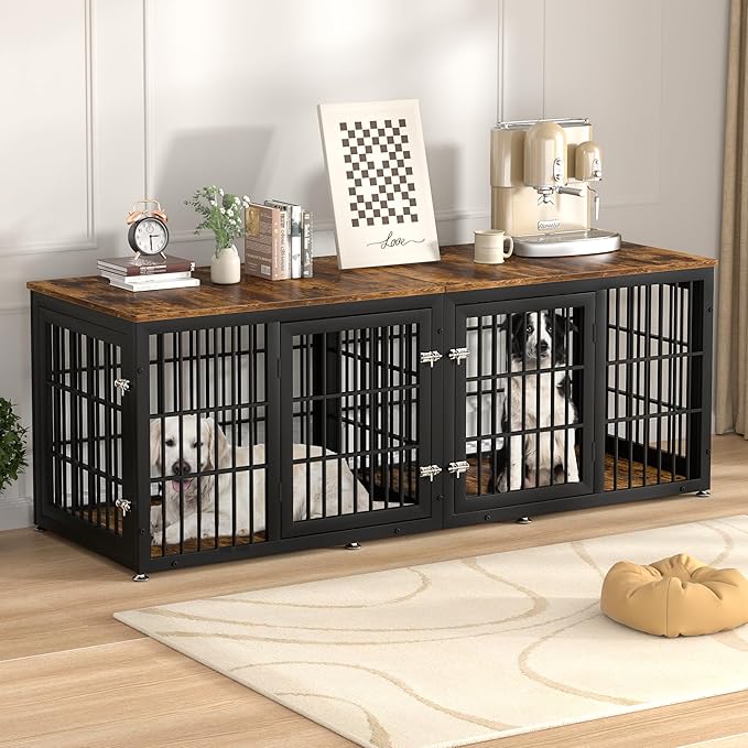 78 Inch Double Dog Crate Furniture, Heavy Duty Extra Large Cage Furniture with Divider for 2 Dogs, Decorative Wooden Kennel Furniture Indoor, Metal Pet House for Large and Medium Dogs-PurrikoPets