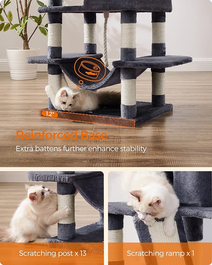 Feandrea Cat Tree, 66.1-Inch Large Cat Tower with 13 Scratching Posts, 2 Perches, 2 Caves, Basket, Hammock, Pompoms, Multi-Level Plush Cat Condo for Indoor Cats, Smoky Gray UPCT165G01-PurrikoPets