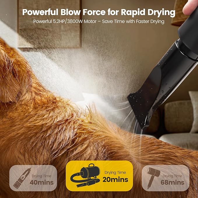 Dog Dryer, 5.2HP/3800W High Velocity Dog Hair Dryer with 4 Nozzles, Stepless Adjustable Speed & Temperature Control, Low Noise Professional Dog Grooming Dryer (Black)-PurrikoPets