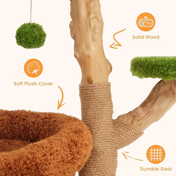 32-Inch Multi-Level Cat Tree Tower, Natural Wooden Cat Furniture with Sisal Scratching Posts, Beds & Condo, Cute Cat Tree for Indoor Cats, Multi-Cat Householdsolds-PurrikoPets