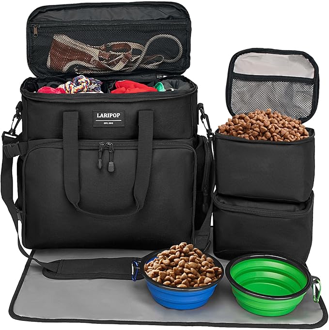 Dog Travel Bag,Weekend Pet Travel Bag Set for Dog and Cat,Airline Approved Tote Multi-Function Dog Bags for Traveling,Include 2 Collapsible Bowls,2 Food Storage Containers,1 Feeding Mat,Black-PurrikoPets