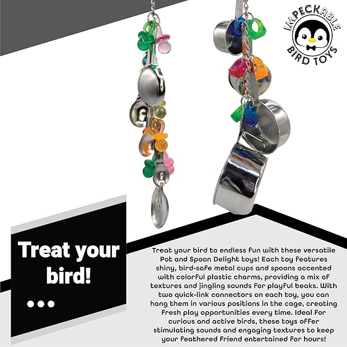 1970 Pk2 Pot and Spoon Delight Features Shiny pots and Spoons with Acrylic Rings and Pacifiers, Handcrafted for African Greys Amazons Macaws-PurrikoPets