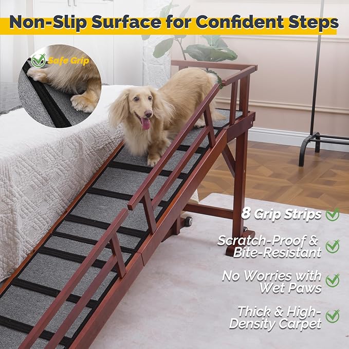 Dog Ramp for Bed or Couch, Wooden Pet Ramp with 20° Gentle Slope, Removable Side Rails, Non-Slip Surface, Top Platform & Wheels, Safe Bed Ramp for Small, Medium & Senior Dogs, 74" Long, Mahogany-PurrikoPets