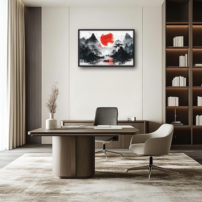 Framed Large Japanese Mountain Wall Art for Living Room, Oversized Asian Red Sun Lake Landscape Wall Decor Nature Canvas Painting Home Decoration for Living Room Bedroom Office 36"x24"-PurrikoPets