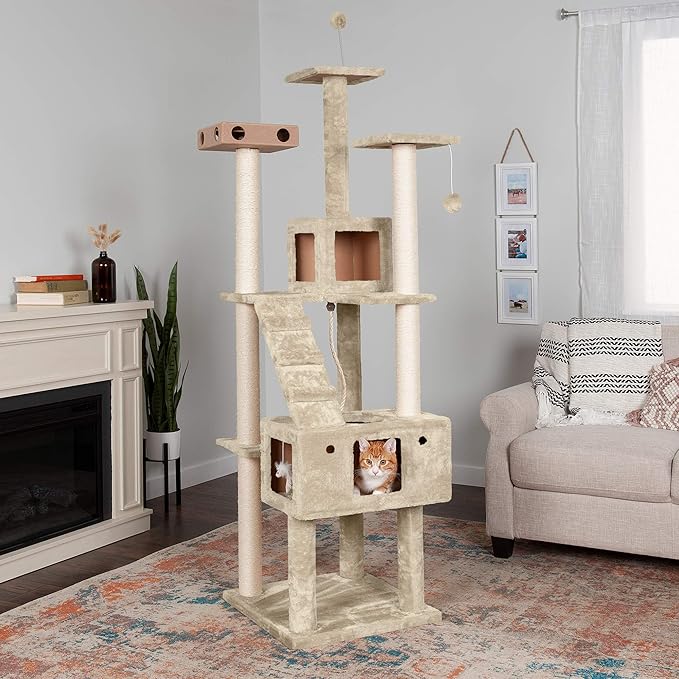 Furhaven 69.3" Tall Cat Tree for Indoor Cats, Ft. Sisal Scratching Posts, 2x Cat Condos, & Toys - Tiger Tough Double Decker Interactive Playground Tower - Cream, One Size-PurrikoPets