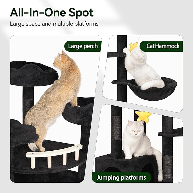 85inch Giant Cat Tree for Heavy Duty Big Cats, Multi-Level Luxury Cat Tower with Scratching Post, Cat Condo with Hammocks & Plush Perches for Indoor Cats Large Adult, Black-PurrikoPets