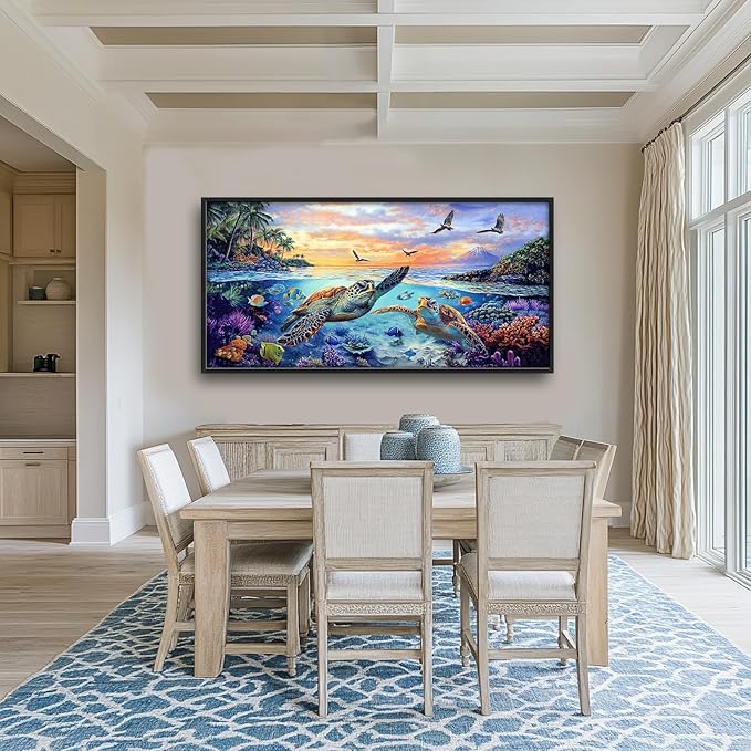 Framed Large Sea Turtle Wall Art for Living Room, Oversized Ocean Turtle Wall Decor Seascape Underwater Marine Life Canvas Painting Home Decoration for Living Room Bedroom Office 60"x30"-PurrikoPets