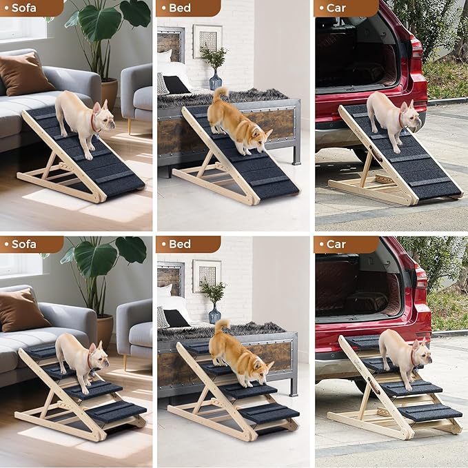 2025 Upgraded Dog Steps for Bed & Couch - 2-in-1 Dog Stairs/Ramp for Small to Large Breeds - 45.3" Long Adjustable 14"-26" Up to 200LBS - Folding Portable Wooden Pet Stairs for high Bed Couch Car-PurrikoPets