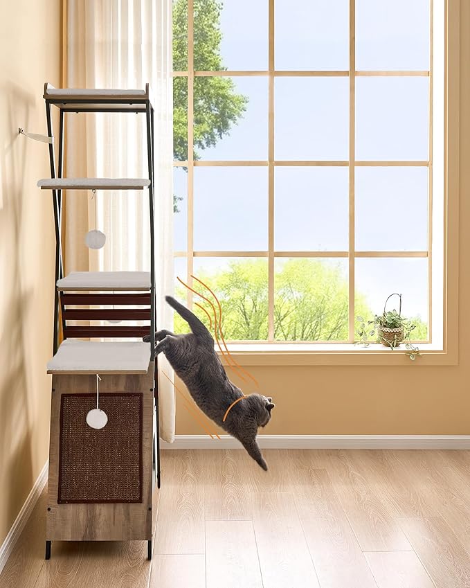 FourFurPets 72.4" Cat Tree, Modern Cat Tower for Indoor Cats, Multi-Level Cat Condo with Caves, Tall Cat Tree with Cat Scratching Board, Wooden Cat Tower with Large Perch, Removable Pads, Camel Brown-PurrikoPets