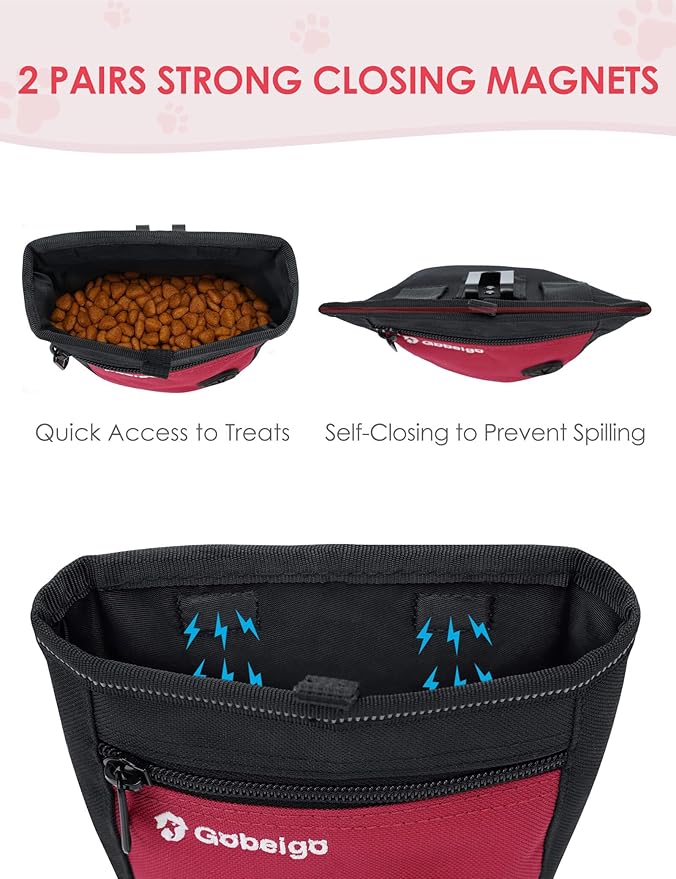 Gobeigo Dog Treat Pouch and Training Clicker, Upgrade Two Magnetic Closure to Prevent Spills, 2 Cup Treat Bag with Poop Bag Dispenser, Metal Clip Waist Belt Fanny Pack for Pet Walking(Black/Red)-PurrikoPets