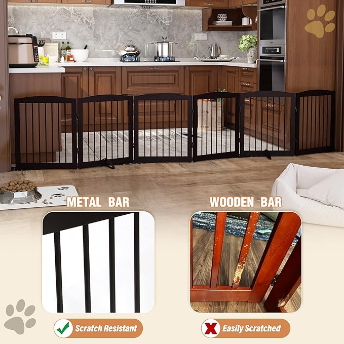Freestanding Pet Gate for Dogs, Foldable Wooden Dog Gate for House, Extra Wide Indoor Pet Barrier for Stair, Doorway, Hall, Support Feet Included, 120 Inch Wide, 6 Panels 24", Brown-PurrikoPets