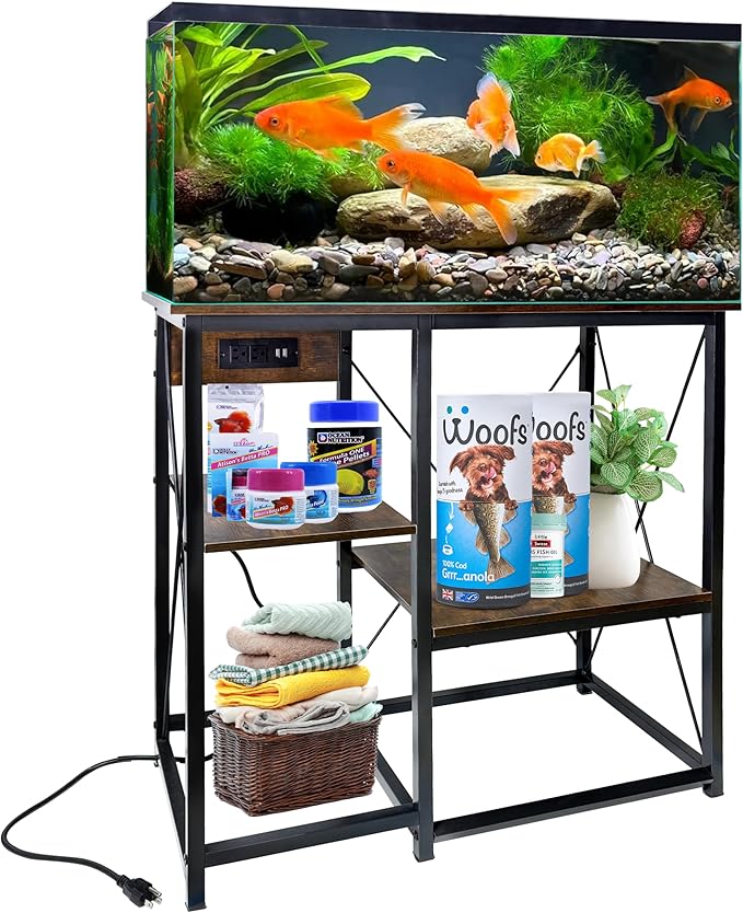 20-37 Gallon Fish Tank Stand with Power Outlet, 30.7"x13.8" Metal Frame Fish Stand, 3-Tier Wood Aquarium Stand, 400LBS Capacity Reptile Terrarium Stand-PurrikoPets