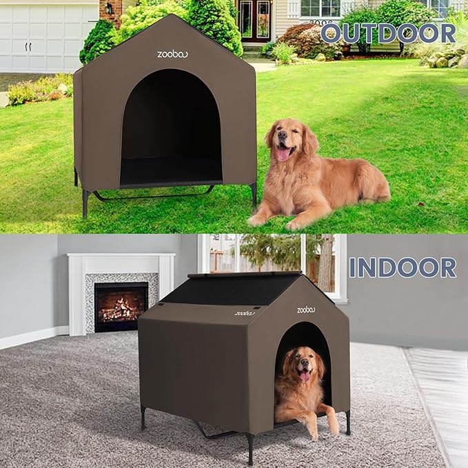 42" 2-in-1 Dog House for Medium Dogs, Elevted Dog House Outdoor/Indoor, Puppy Shelter Outside,Water Resistant 600D PVC and Durable 2x1 Textilene Raised Dog Bed(Brown)-PurrikoPets