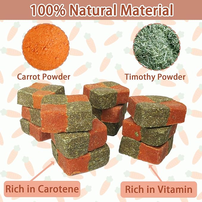 Fhiny 12 PCS Rabbit Carrots Chew Toys, Natural Timothy Hay Biscuit Cubes Rabbit Carrot Molar Treats Small Pet Snacks for Bunny Hamster Chinchilla Guinea Pig or Other Small Animals-PurrikoPets