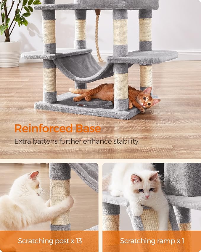Feandrea Cat Tree, 66.1-Inch Large Cat Tower with 13 Scratching Posts, 2 Perches, 2 Caves, Basket, Hammock, Pompoms, Multi-Level Plush Cat Condo for Indoor Cats, Light Gray UPCT165W01-PurrikoPets