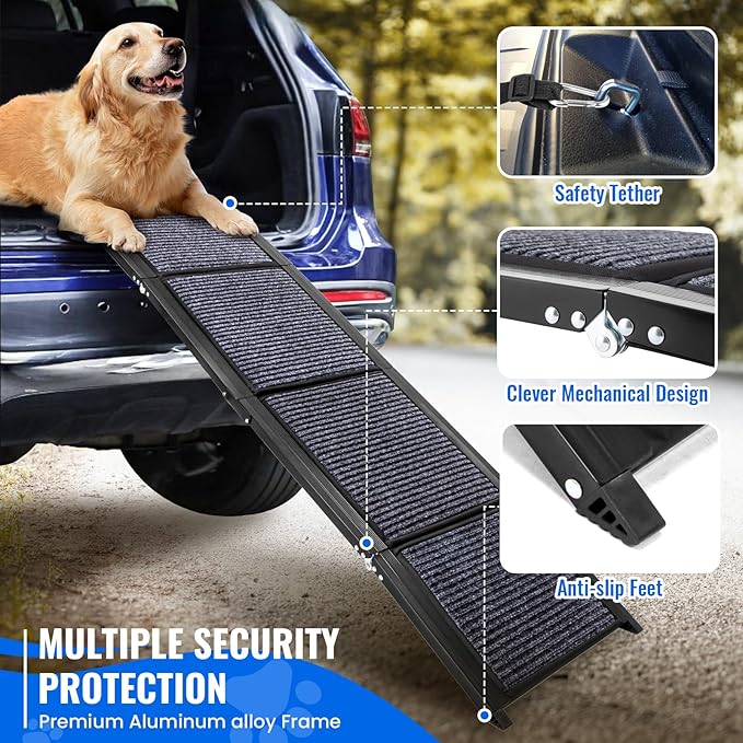 Dog Ramp for Car, 63"x17" Foldable Car Ramp for Dogs, Dog Car Dog Ramps for Large Dogs SUV, Car Dog Ramp with Non-Slip Rug Surface, Folding Dog Ramp for Truck, SUV-PurrikoPets