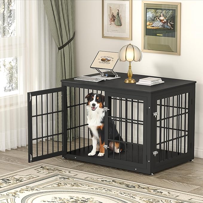 42 Inch Heavy Duty Dog Crate Furniture for Large and Medium Dogs, Decorative Pet House End Table, Wooden Cage Kennel Furniture Indoor, Black-PurrikoPets