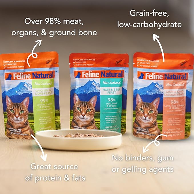 Feline Natural Wet Cat Food Variety Pack - Chicken, Lamb, Salmon & Beef Feast, Grain-Free, 3oz Pouches, New Zealand Made, Assorted Single Serve Pates (12 Pack)-PurrikoPets