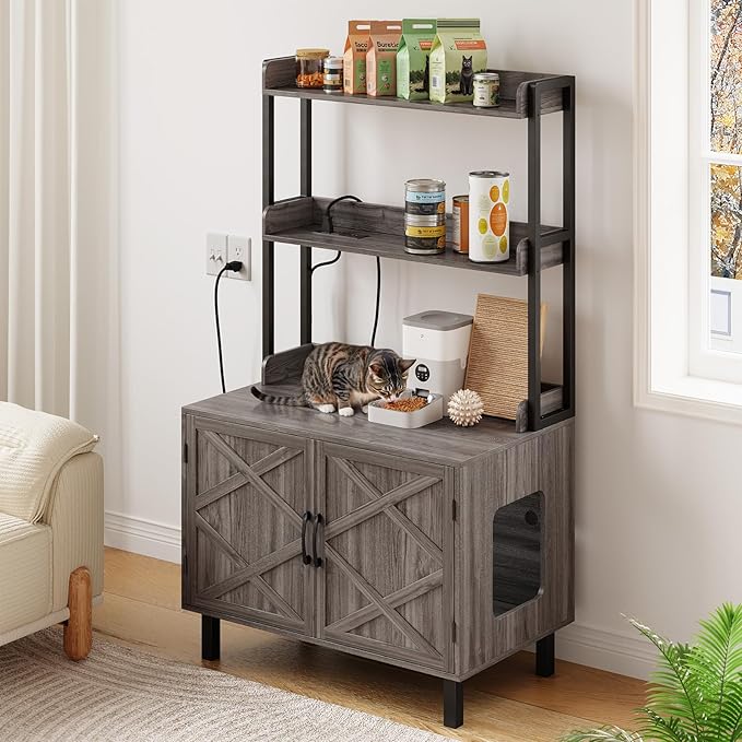 55 Inches Cat Litter Box Enclosure, Hidden Litter Box Furniture with 2 Storage Shelves and Charging Sockets, Wooden Cat House, Large Indoor Cabinet for Living Room & Entryway, Grey-PurrikoPets