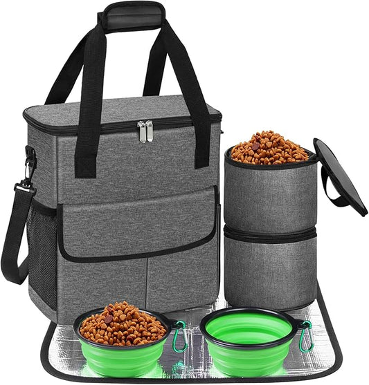Dog Travel Bag for Camping - Weekend Pet Accessories With 2 Collapsible Bowls, 2 Food Containers, 1 Waterproof Feeding Mat - M, Grey-PurrikoPets