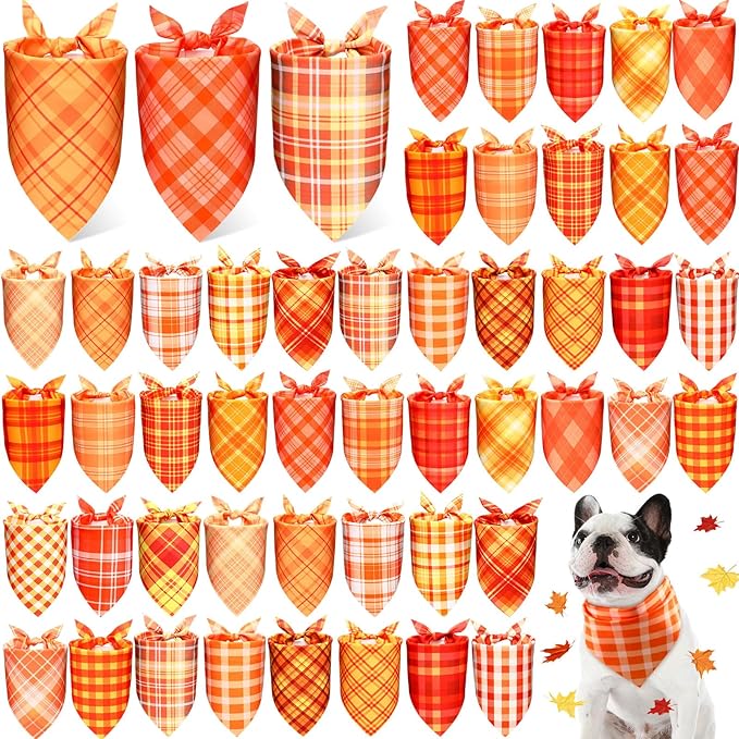 Abbylike 50 Pcs Fall Plaid Dog Bandanas Bulk Autumn Bandanas for Dogs Triangle Kerchief Bibs Scarf for Small Medium Large Pets Thanksgiving Costume Accessories, 25 Styles (31.5 x 21.7 x 21.7 Inch)-PurrikoPets