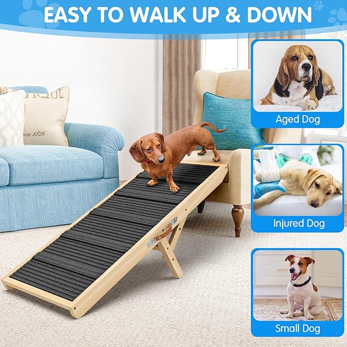 Dog Ramp for Couch, Bed, Wooden Long Pet Stairs for Small & Large Old Dogs & Cats, Hold up to 100lb, Adjustable Height from 11.41" to 20.47", Portable Doggie Steps (39.37" Long)-PurrikoPets