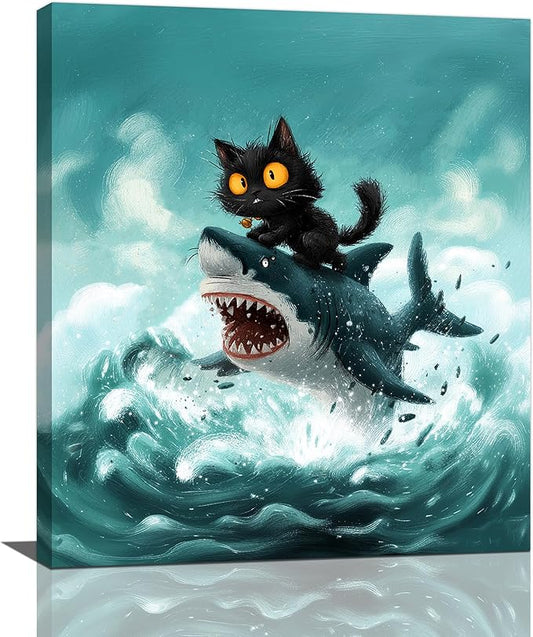 Funny Black Cat Bathroom Wall Art Cute Cat Riding Shark Canvas Wall Decor Animal Kitten Pictures Painting Print Artwork Framed Decorations Gifts for Cat Lover Kids Room Bedroom 24"x20"-PurrikoPets