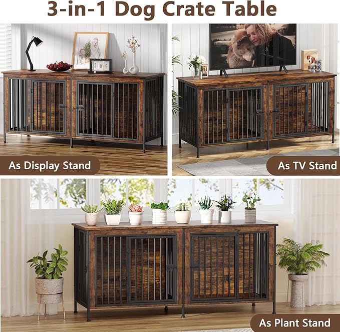 EasyCom 78 Inch Dog Crate Furniture for 2 Dogs, Extra Large Double Dog Cage Large Breed, XXL Thick Wooden Dog Crate TV Stand, Sturdy Dog Kennel with Divider-PurrikoPets
