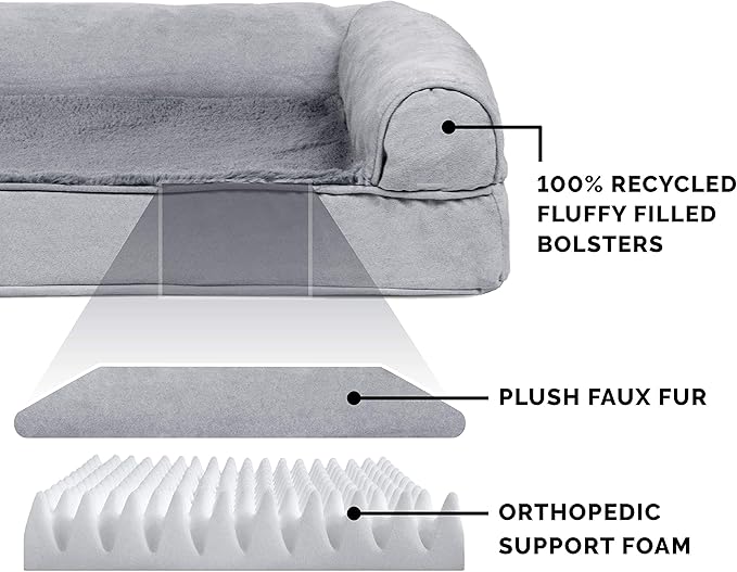 Furhaven Orthopedic Dog Bed for Large Dogs w/ Removable Bolsters & Washable Cover, For Dogs Up to 95 lbs - Plush & Suede Sofa - Gray, Jumbo/XL-PurrikoPets