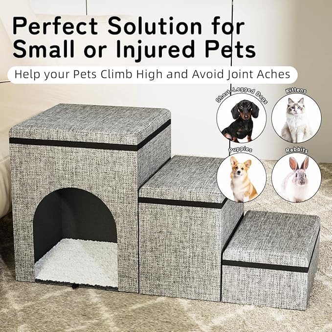 Dog Stairs with Storage, 3-Step Wider Dog Steps with Condo for Dogs and Cats, Pet Stairs for High Bed Climbing, Grey-PurrikoPets