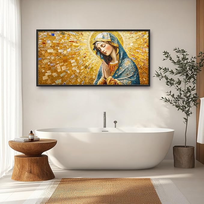 Extra Large Virgin Mary Framed Wall Art for Living Room,Oversized Golden Christian Religious Pictures Wall Decor,Canvas Print Painting Modern Artwork Bedroom Office Bathroom 60L" x 30W"-PurrikoPets