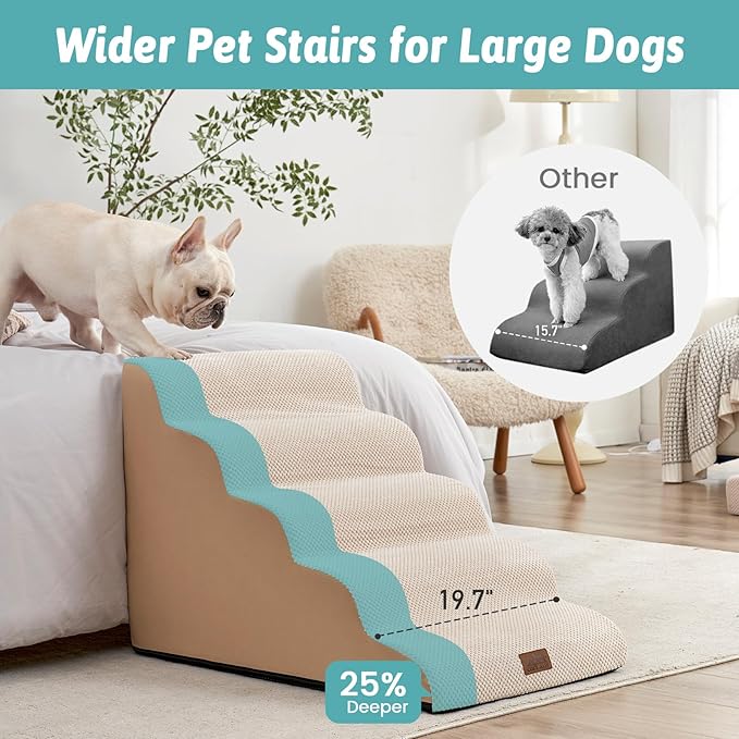 Extra Wide Dog Stairs 19.7" Width, Pet Step for Small Medium/Large Dog, Puppy or Cat, Pet Ramp for High Bed or Car, High Density Foam Ladder, Stable, 5 Step, 19.7x33x22.4 in, Beige-PurrikoPets