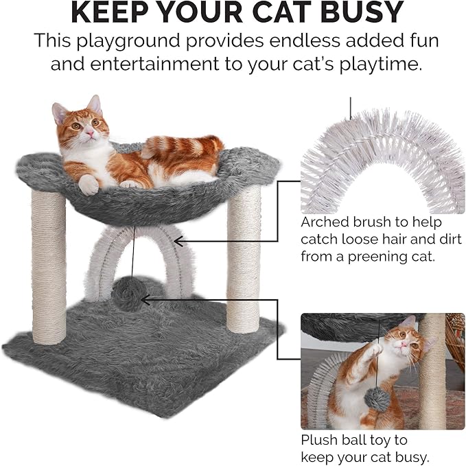Furhaven 15.75" Tall Playground for Indoor Cats, Ft. Sisal Scratching Posts, Self-Grooming Brush, & Toy - Tiger Tough Hammock Interactive Playground - Silver, One Size-PurrikoPets