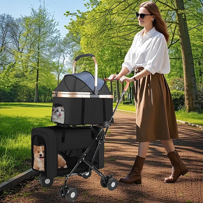 Double Pet Stroller for 2 Dogs or Cats, Folding Dog Stroller with 2 Detachable Carrier Bags, Safety Belt, 4 Lockable Wheels, Separate Compartments, for Multi-Pet Homes (Black)-PurrikoPets