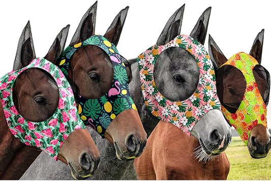 Frienda 4 Pieces Horse Fly Masks with Ears Face Covering UV Protection from Insect Pests Elasticity Smooth Comfortable Mesh Horse Mask Accessories(Fruit,Large)-PurrikoPets