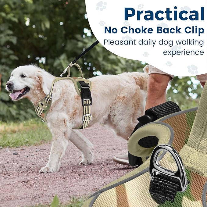 Funfox Dog Harness No Pull, Adjustable Pet Vest Harness, Super Soft Material with Vertical Handle Easy Control, Reflective Night Walking, 2 Leash Clips for Large Dogs, Camo Green, L-PurrikoPets