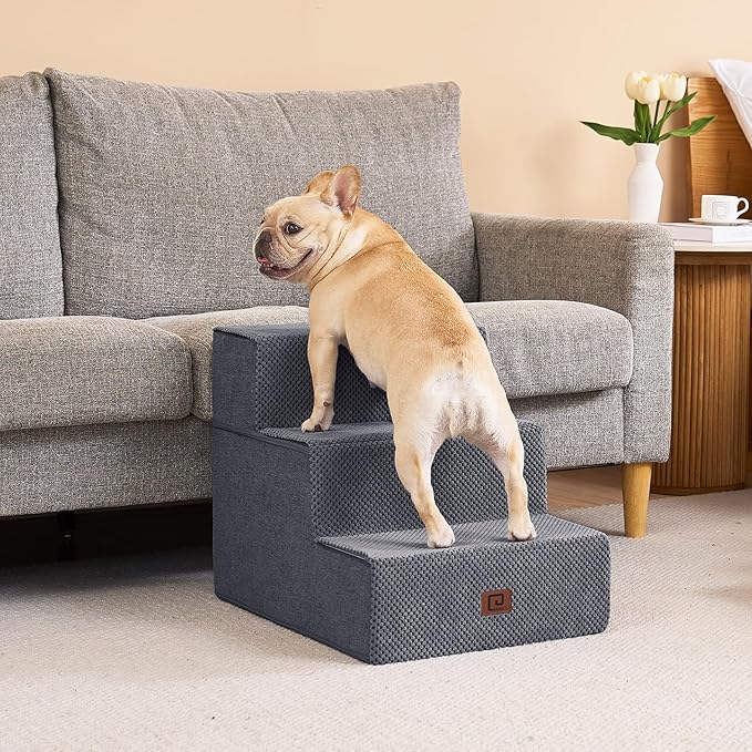 EHEYCIGA Dog Stairs for Small Dogs 16.5" H, 3-Step Extra Wide Dog Steps for Couch Sofa and Chair, Pet Steps for Medium Cats, Non-Slip Balanced Pet Ramp Indoor, Grey-PurrikoPets