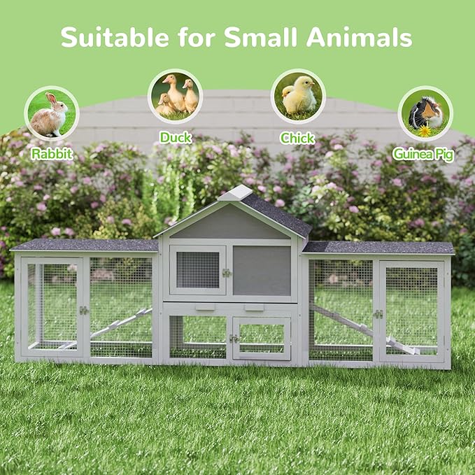 82.5” Large Wooden Rabbit Hutch Outdoor Easy to Assemble Rabbit Cage and Durable Bunny Hutch Indoor with Cleaning Tray & Waterproof Roof for Small and Medium Bunny Rabbit Chick (Grey)-PurrikoPets