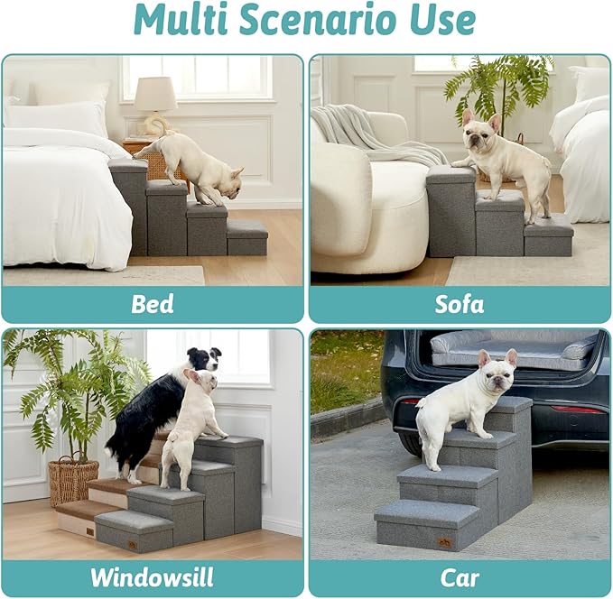Dog Stairs with Storage, 3-Step Wider Sturdy Dog Steps for Small/Medium/Large Dogs and Older Cats, Folding Doggie Ramp for Bed/Couch/Car Hold Up to 180 lbs (16.7" H, Grey)-PurrikoPets